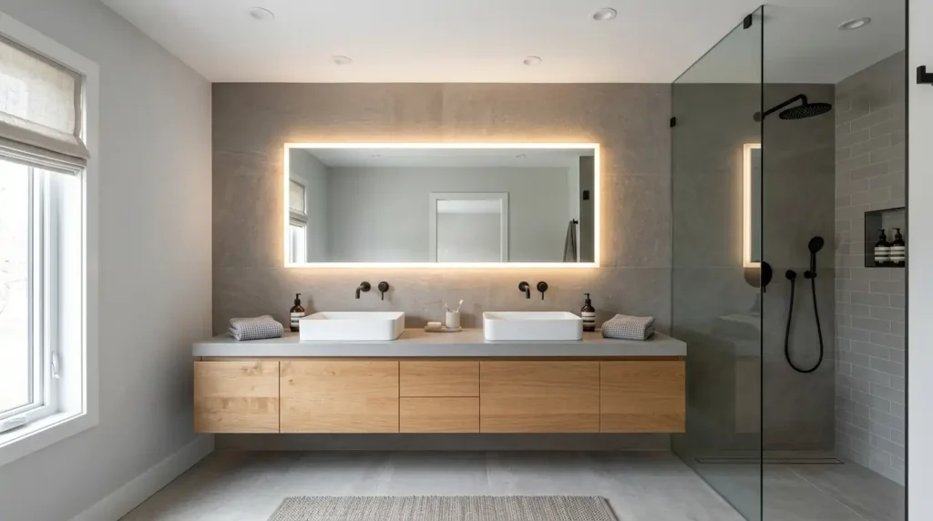 Floating vanity in a modern American bathroom with minimalist design