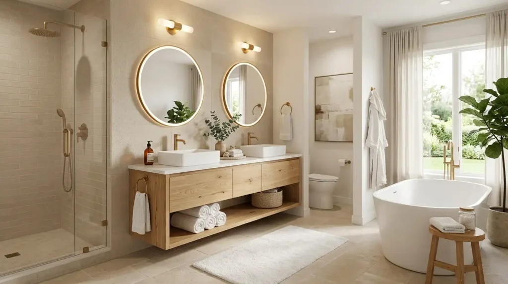 Neutral color bathroom with beige walls and natural wood accents