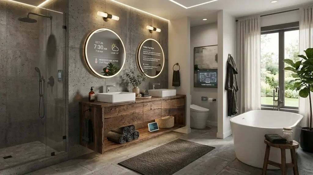 Smart bathroom with touchless faucet and modern technology features