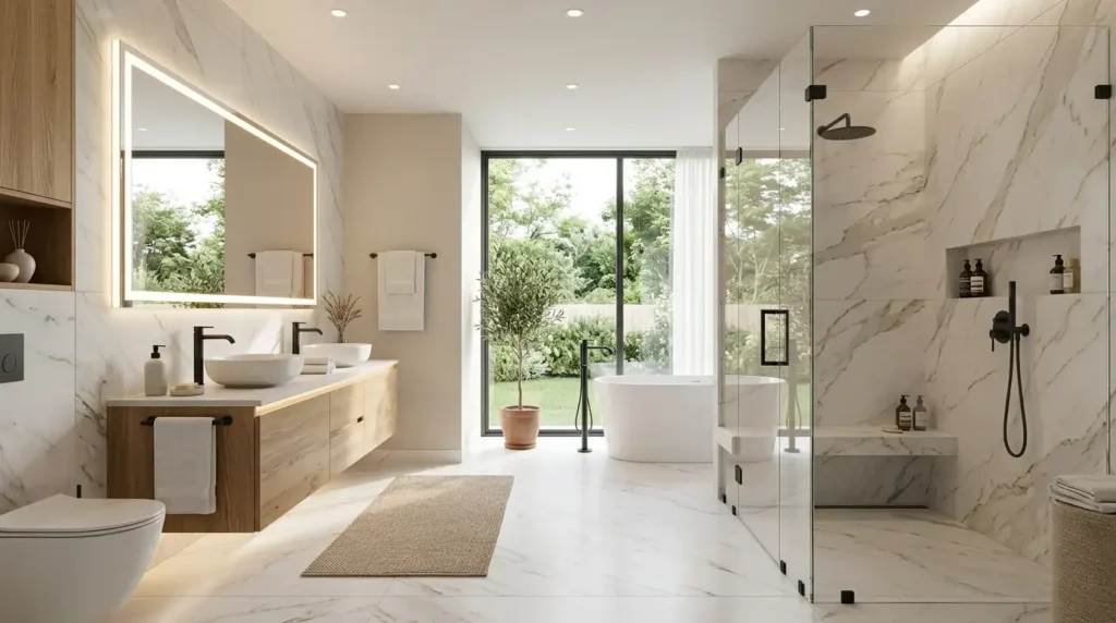 Modern bathroom design ideas for USA homes in 2026 with floating vanity and glass shower