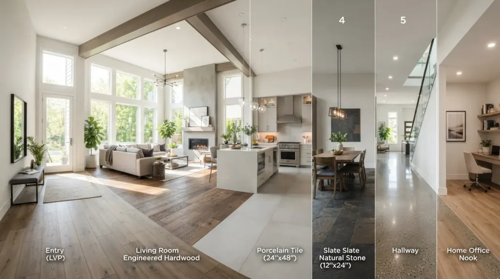 Modern American home interior featuring luxury vinyl plank, hardwood, tile, laminate, polished concrete, and natural stone flooring options.