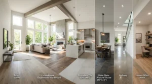 Modern American home interior featuring luxury vinyl plank, hardwood, tile, laminate, polished concrete, and natural stone flooring options.