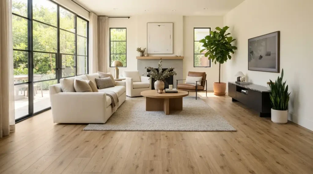 Modern American living room featuring luxury vinyl plank flooring with contemporary furniture.