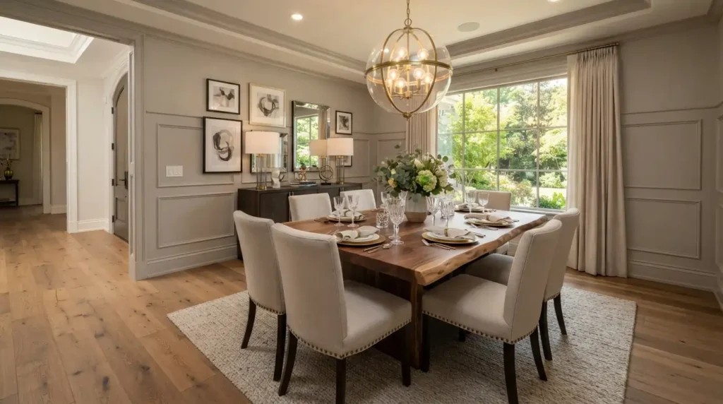 Engineered hardwood flooring in a modern American dining room with elegant interior design.