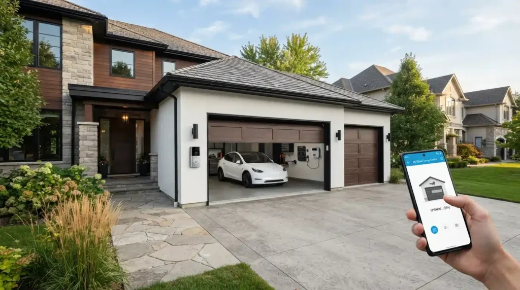 Modern garage door controlled using a smartphone app.