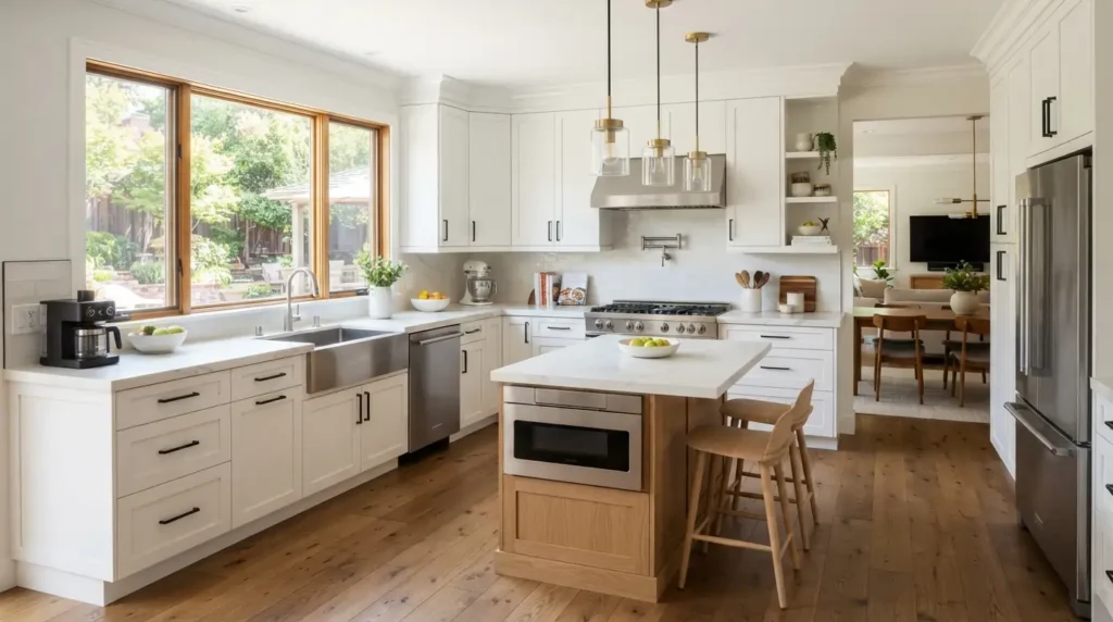 L-shaped small kitchen layout with island in an American home