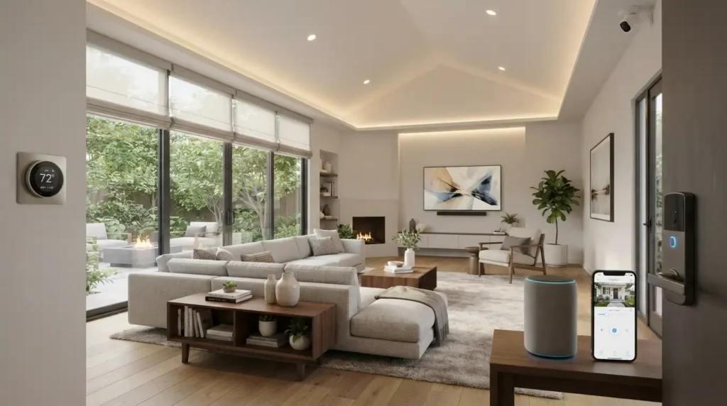 Modern U.S. home featuring smart thermostat, smart lighting, video doorbell, smart lock, security system, and other smart home upgrades in 2026.