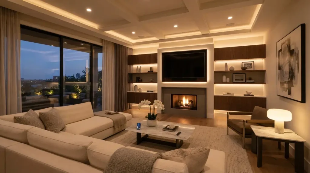 Smart LED lighting creating a warm and modern atmosphere inside a home.