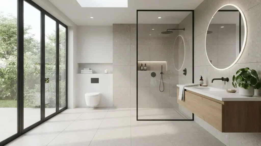 Luxury bathroom featuring durable porcelain tile flooring in a modern American home.