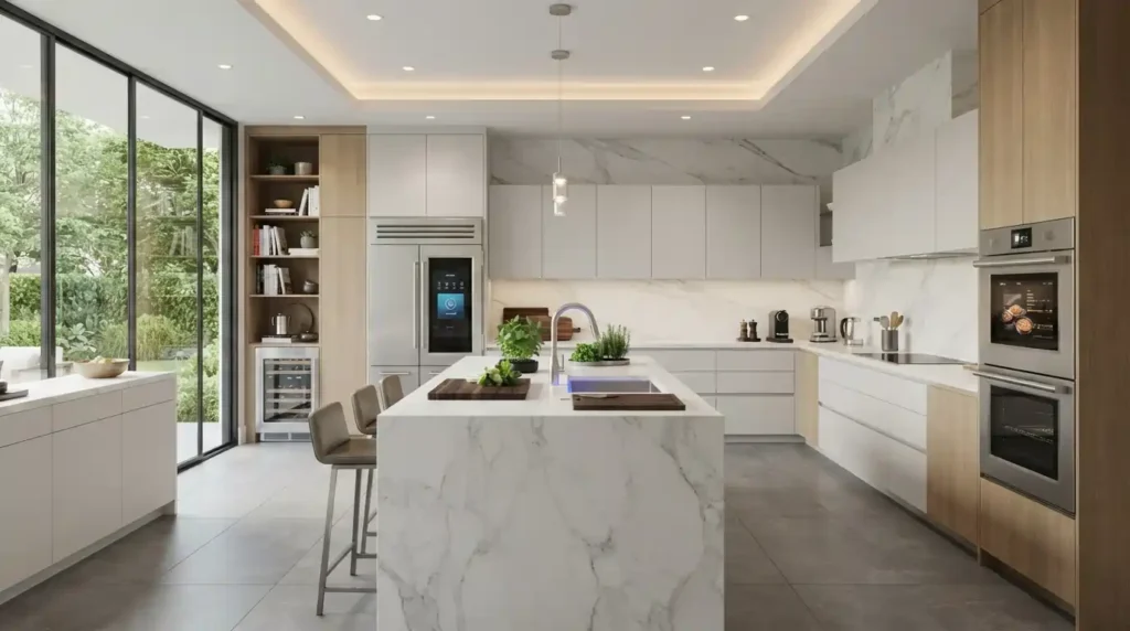 Modern smart kitchen featuring connected appliances and touchless faucet.