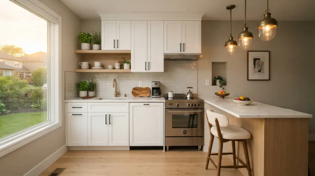 Single-wall kitchen layout in a compact American apartment