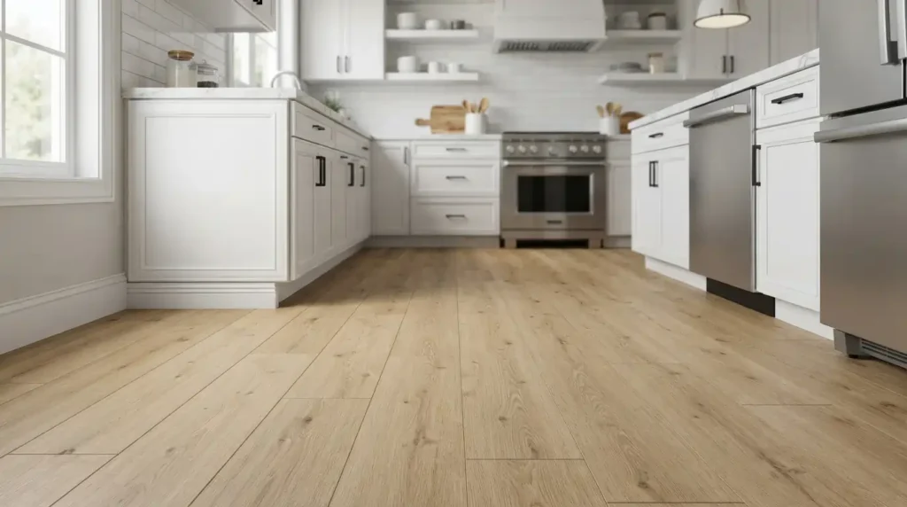Luxury vinyl plank flooring installed in a modern American kitchen with white cabinets.