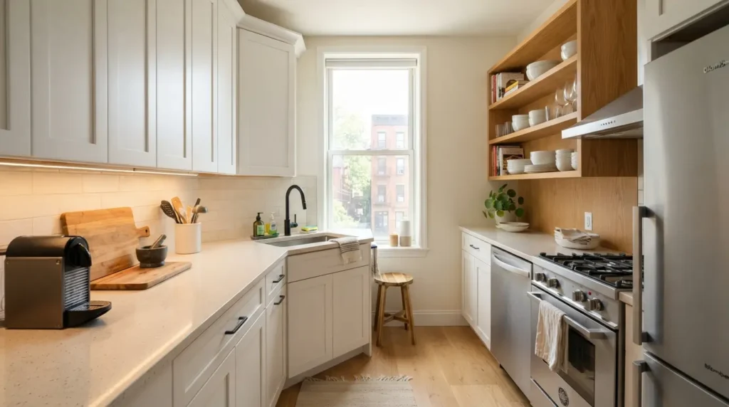 Galley kitchen layout with corner sink in a small American home