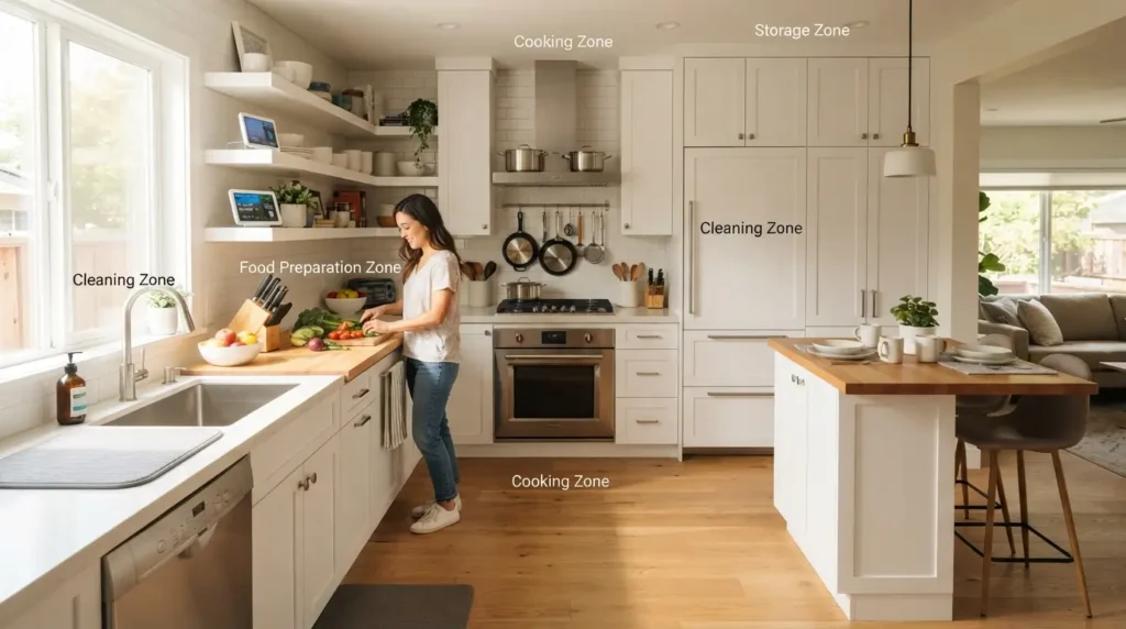 Small kitchen with separate cooking, prep, and storage zones in an American home