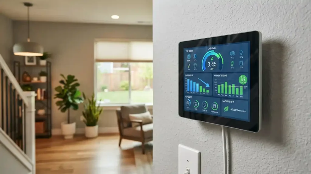 Smart energy monitor displaying household electricity usage.