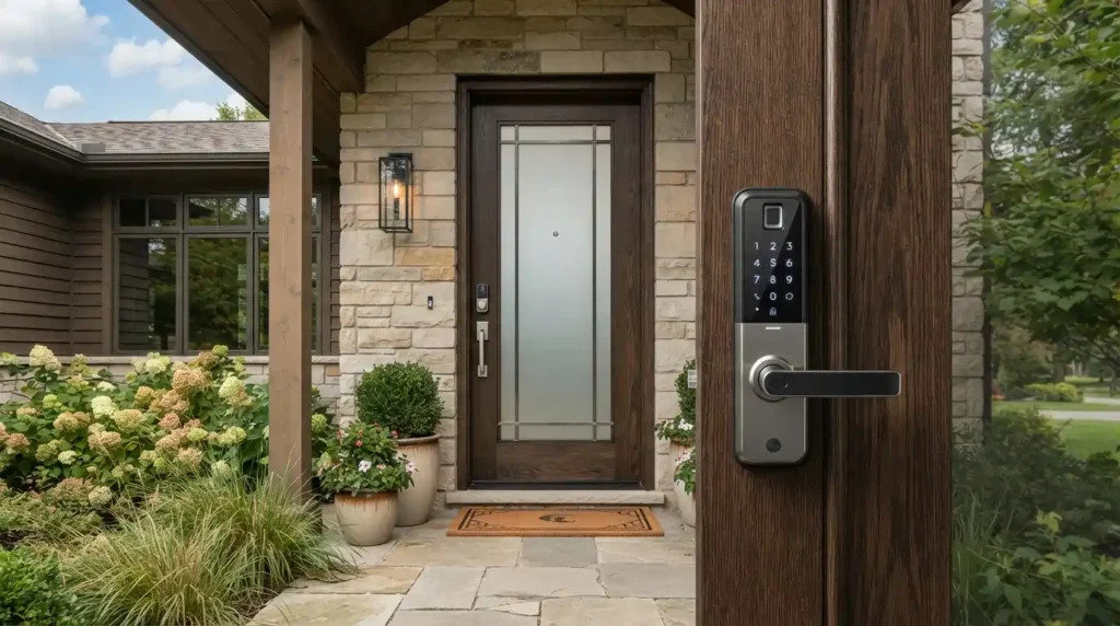 Modern smart door lock with keypad and fingerprint access installed on a front door.
