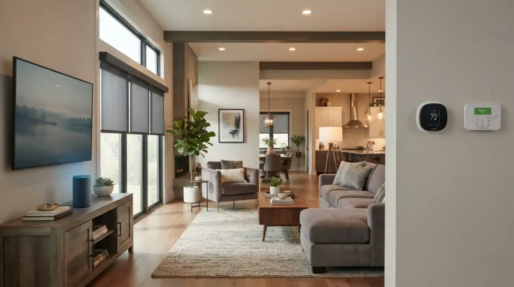 Voice assistant controlling multiple smart home devices.