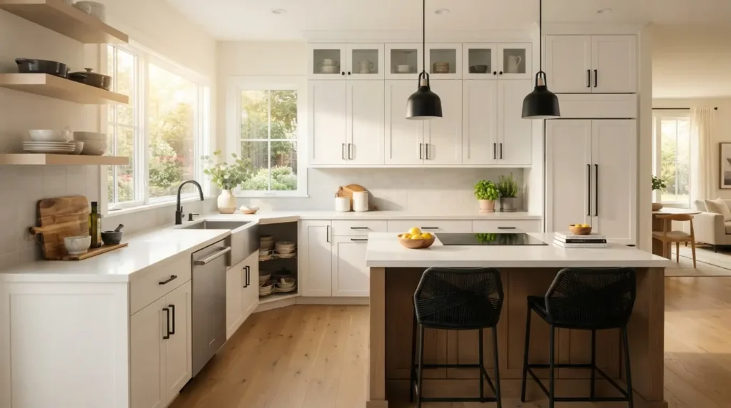 Small kitchen layout ideas for American homes featuring an L-shaped kitchen with island and smart storage