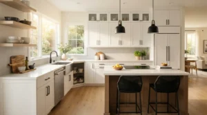 Small kitchen layout ideas for American homes featuring an L-shaped kitchen with island and smart storage